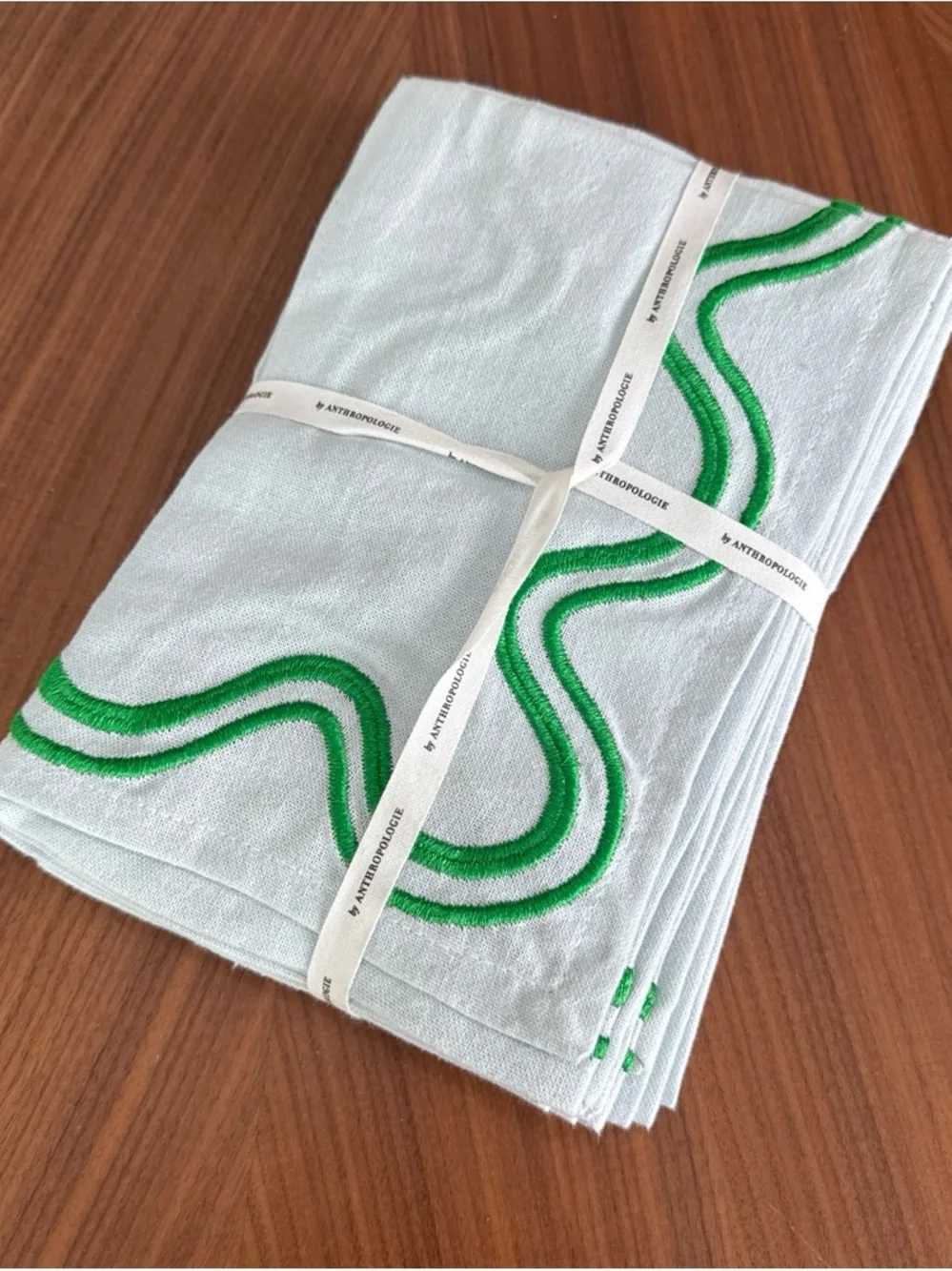 Anthropologie Light Blue Linen Napkins with Green Embroidered Trim - Set of 4